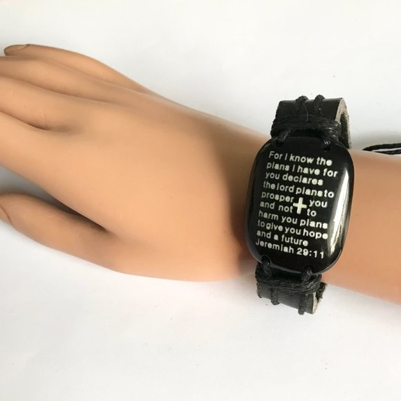 Jeremiah 29:11 Bible Verse Message Bracelet Mens Womens Black Leather Rope - Picture 3 of 11